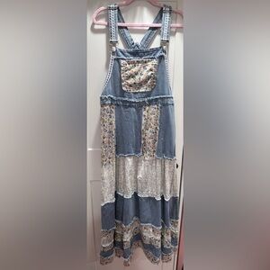 POL Light Blue Denim patchwork maxi dress overall style